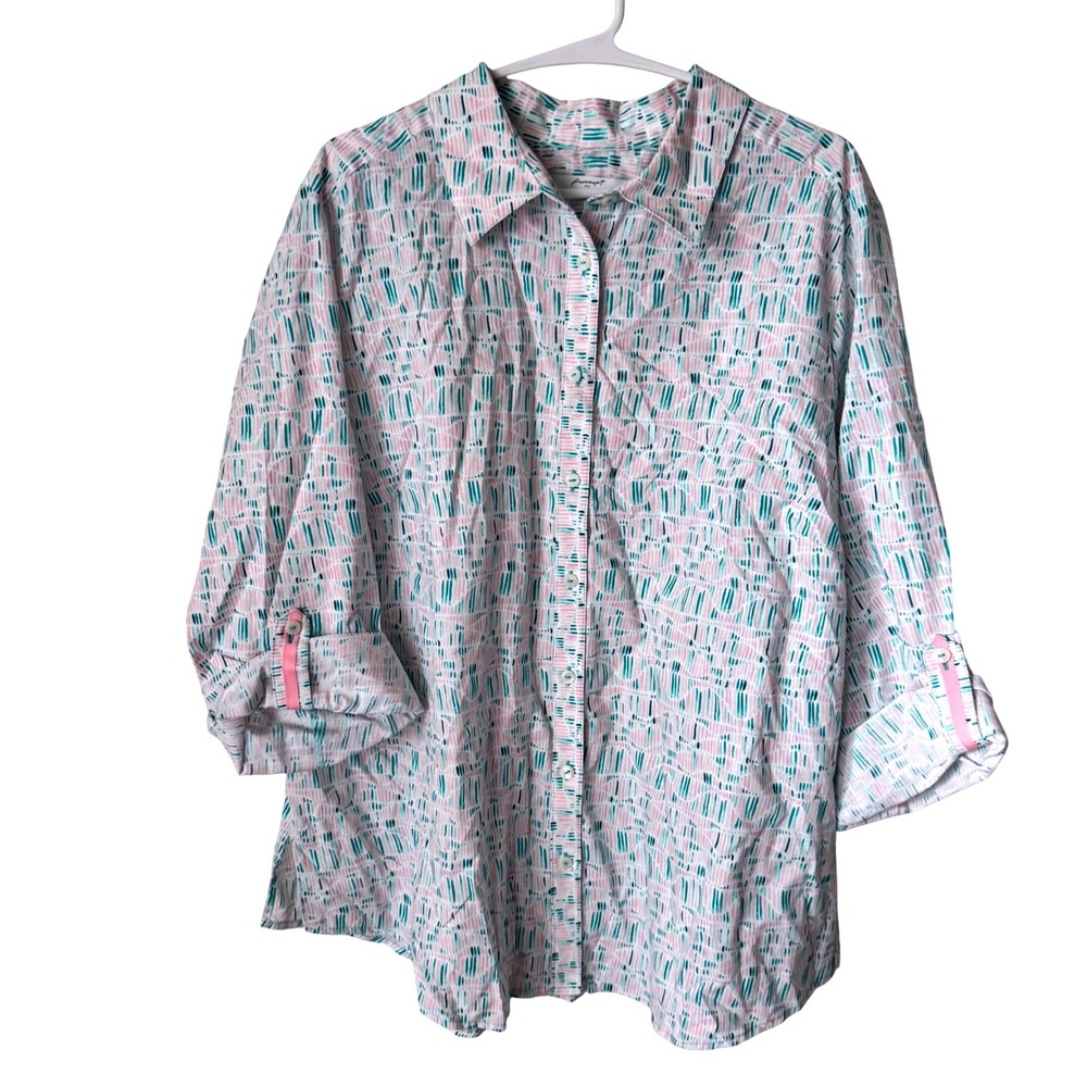 Foxcroft NYC Pink Teal Abstract Print Non-Iron Button Down Shirt Plus Size 18W